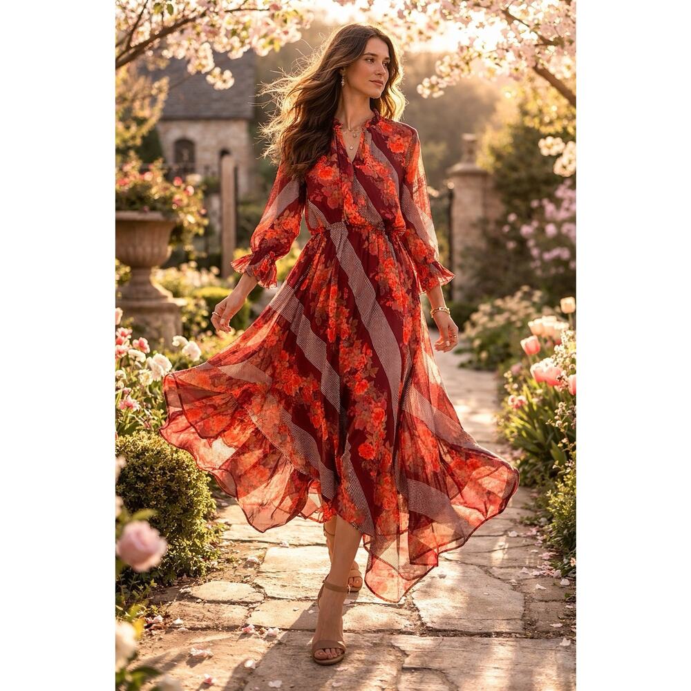 Soft Surroundings Floral Handkerchief Hem Dress Sheer Chiffon Woodland Fairy M
